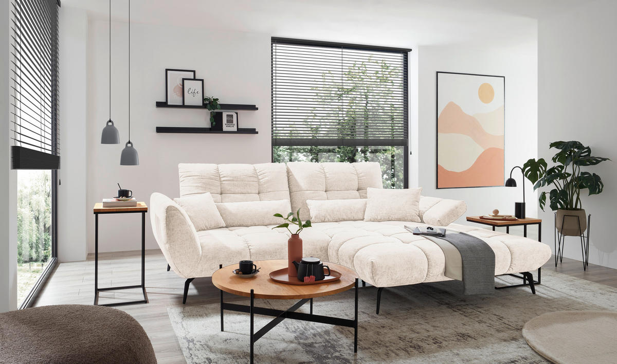 ECKSOFA Creme Flachgewebe Rücken echt, Sitztiefenverstellung  - Creme/Schwarz, KONVENTIONELL, Textil/Metall (273/211cm) - SetOne by Musterring