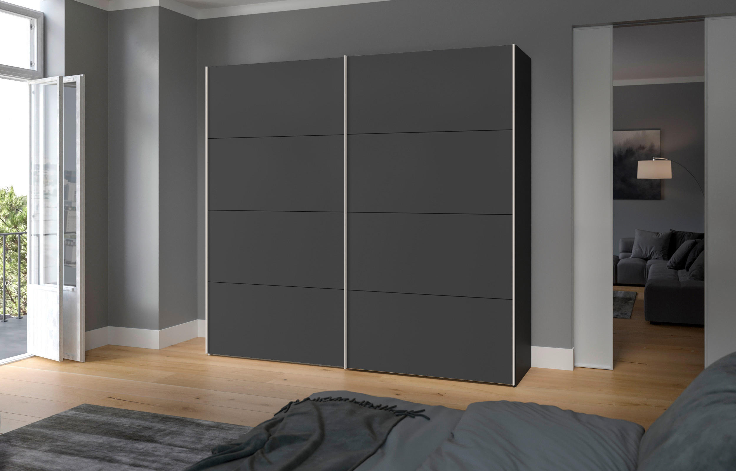 SCHWEBETÜRENSCHRANK 253/236/65 cm 2-türig Anthrazit, Schwarz - Edelstahlfarben/Anthrazit, Design, Holzwerkstoff (253/236/65cm) - Boxxx