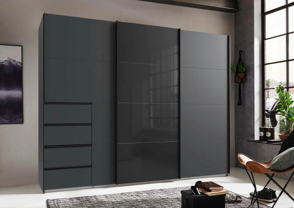 SCHWEBETÜRENSCHRANK 270/208/64 cm 3-türig Graphitfarben  - Schwarz/Graphitfarben, KONVENTIONELL, Glas/Holzwerkstoff (270/208/64cm) - Boxxx