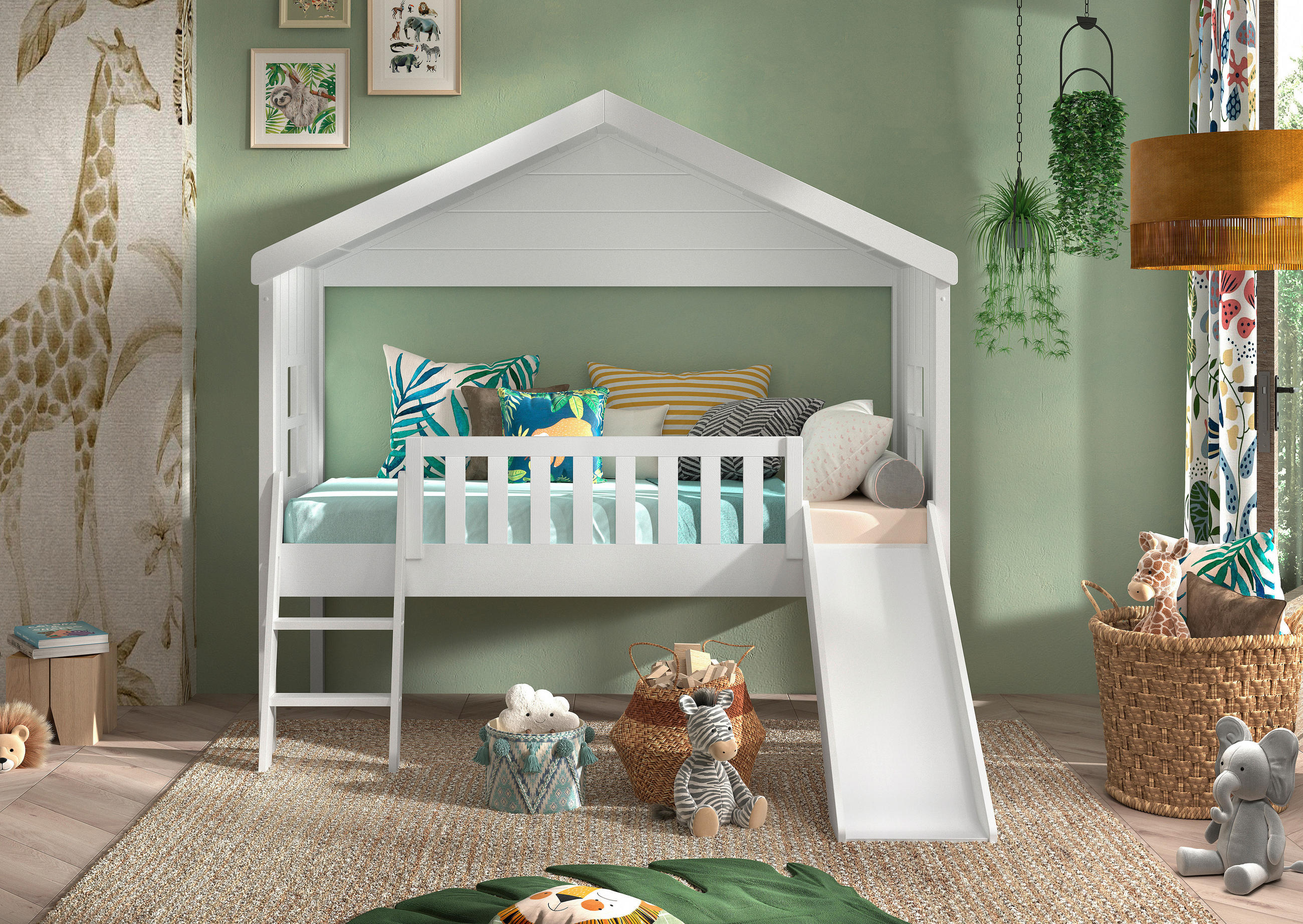 HAUSBETT Absturzsicherung, Leiter, Rutsche, Rollrost 90/200 cm  - Weiß, Natur, Holz (90/200cm) - MID.YOU