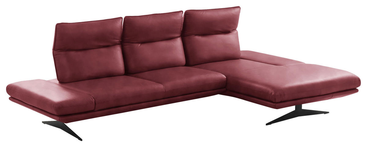 ECKSOFA Kirschrot Echtleder Armteilverstellung, Kopfteilverstellung, Sitztiefenverstellung  - Schwarz/Kirschrot, Design, Leder/Metall (291/180cm) - Celina Home