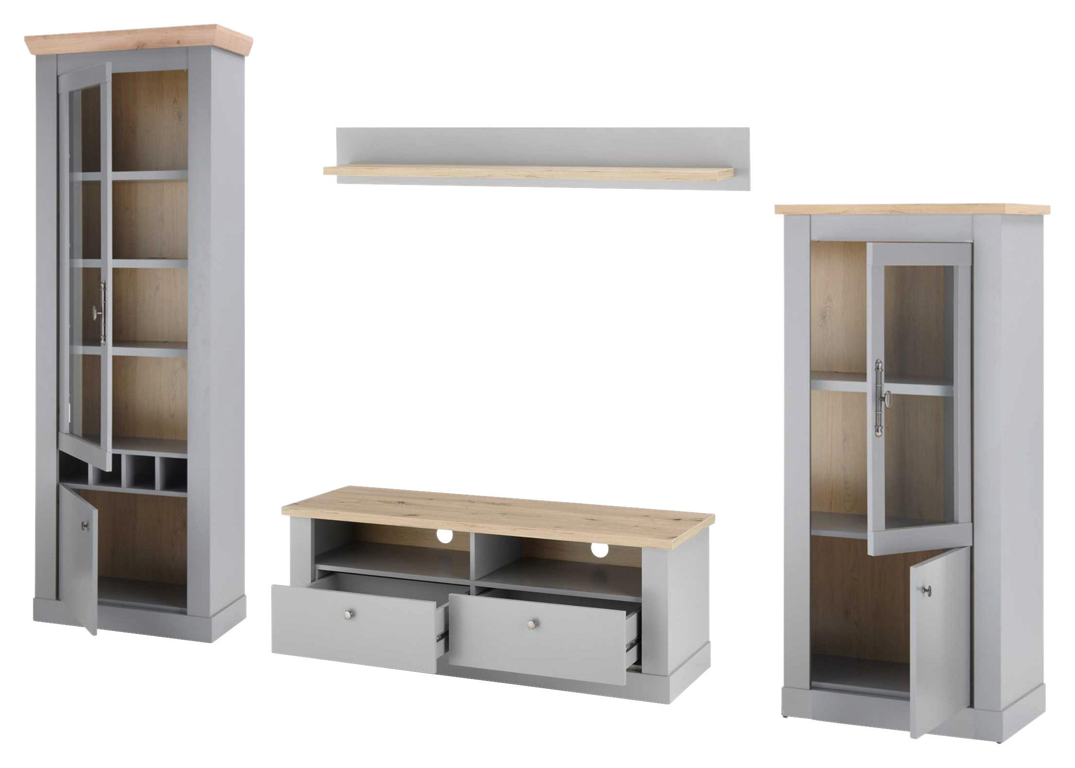 WOHNWAND 4-teilig  in Eichefarben, Hellgrau  291/201/44 cm  - Eichefarben/Silberfarben, Design, Holzwerkstoff/Metall (291/201/44cm) - MID.YOU