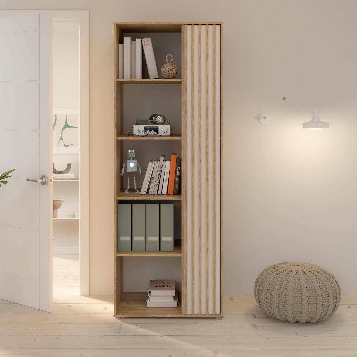 ETAJERĂ DE PERETE 74/200/54 cm  - culoare lemn stejar/nisipiu, Basics, material pe bază de lemn (74/200/54cm)