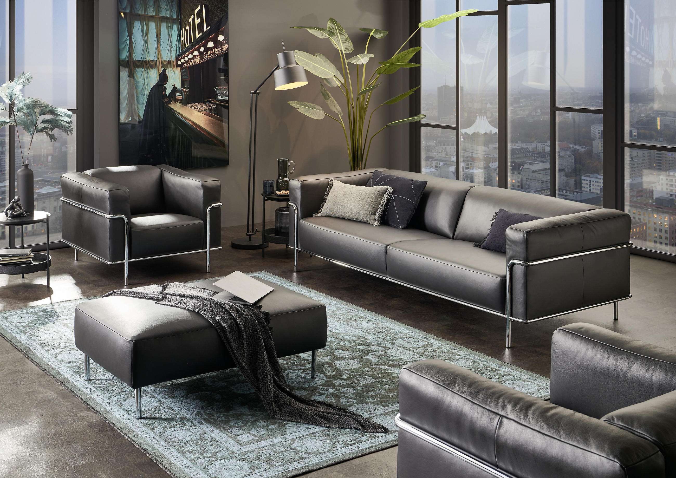 DREISITZER-SOFA Echtleder Schwarz - Chromfarben/Schwarz, Design, Leder/Metall (236/67/96cm) - Johann Jakob