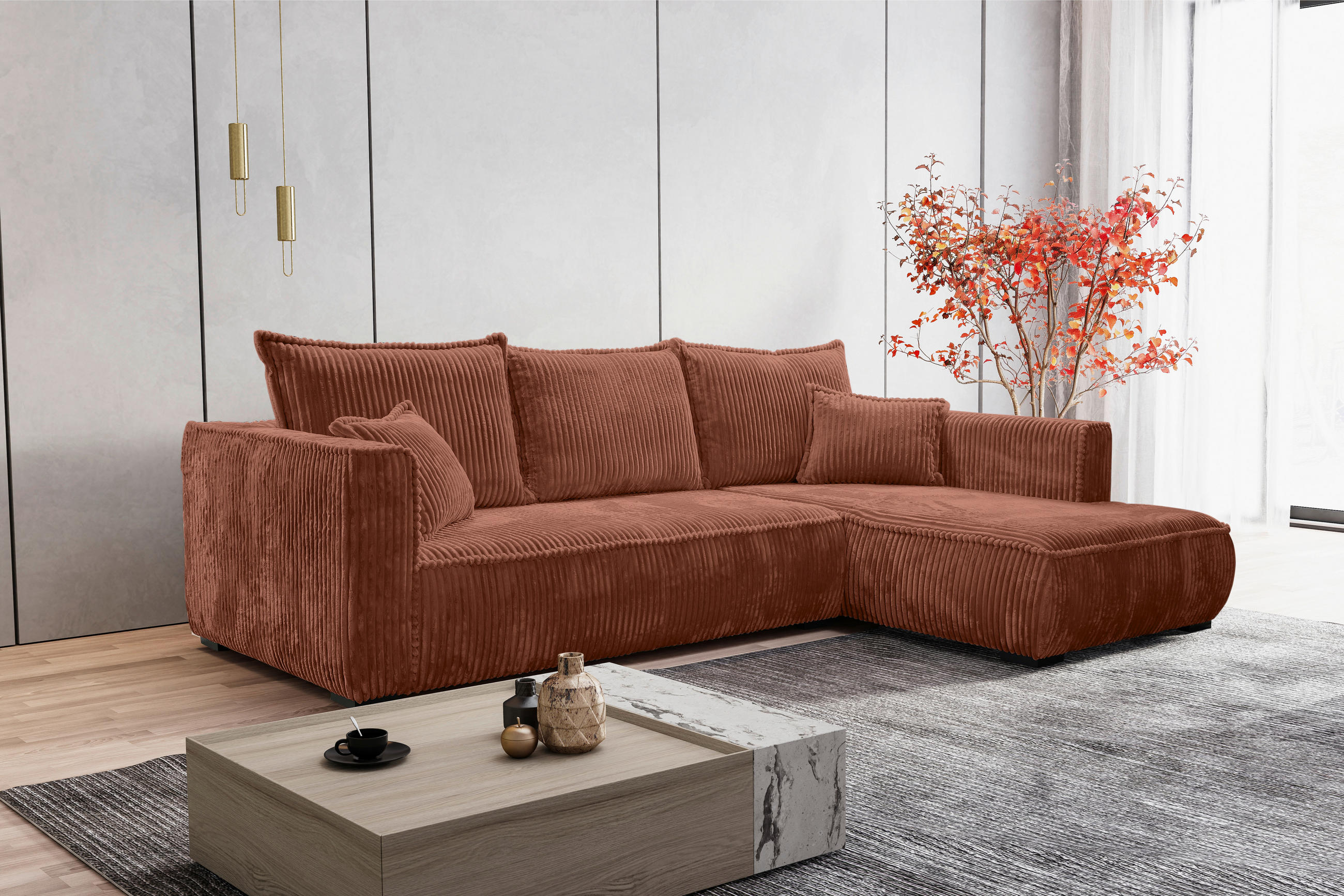 ECKSOFA in Cord Bronzefarben  - Schwarz/Bronzefarben, Modern, Holz/Textil (322/208cm) - MID.YOU