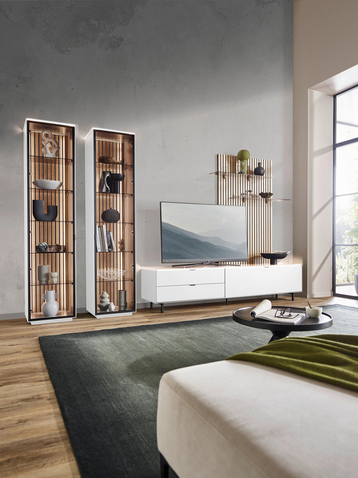 VITRINE Anthrazit, Weiss, Eichefarben  45,8/198,6/40 cm  - Weiss/Eichefarben, Design, Glas/Holz (45,8/198,6/40cm) - Dieter Knoll
