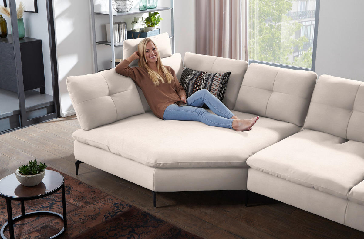 ECKSOFA in Flachgewebe Creme  - Creme/Schwarz, Design, Textil/Metall (159/344cm) - Chilliano
