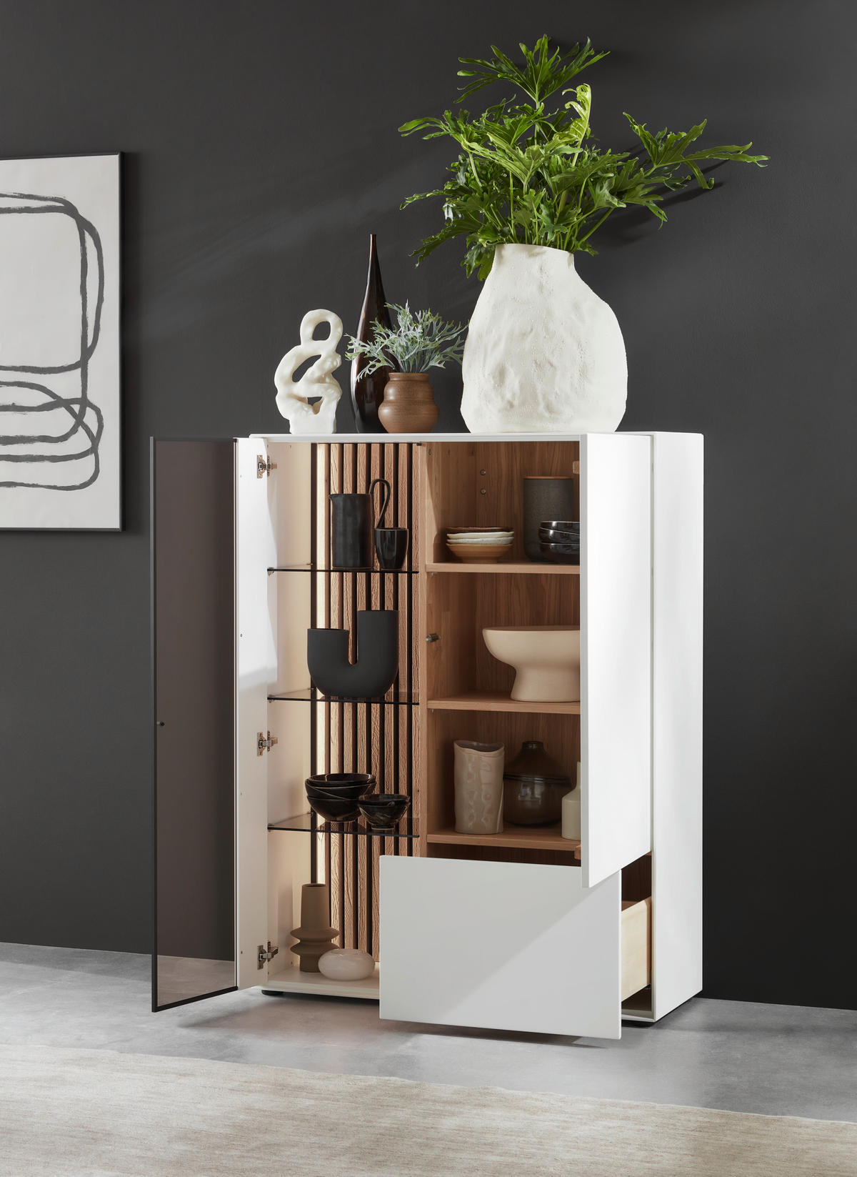 HIGHBOARD Weiss, Eichefarben  103/138/39 cm  - Weiss/Eichefarben, Design, Glas/Holz (103/138/39cm) - Johann Jakob