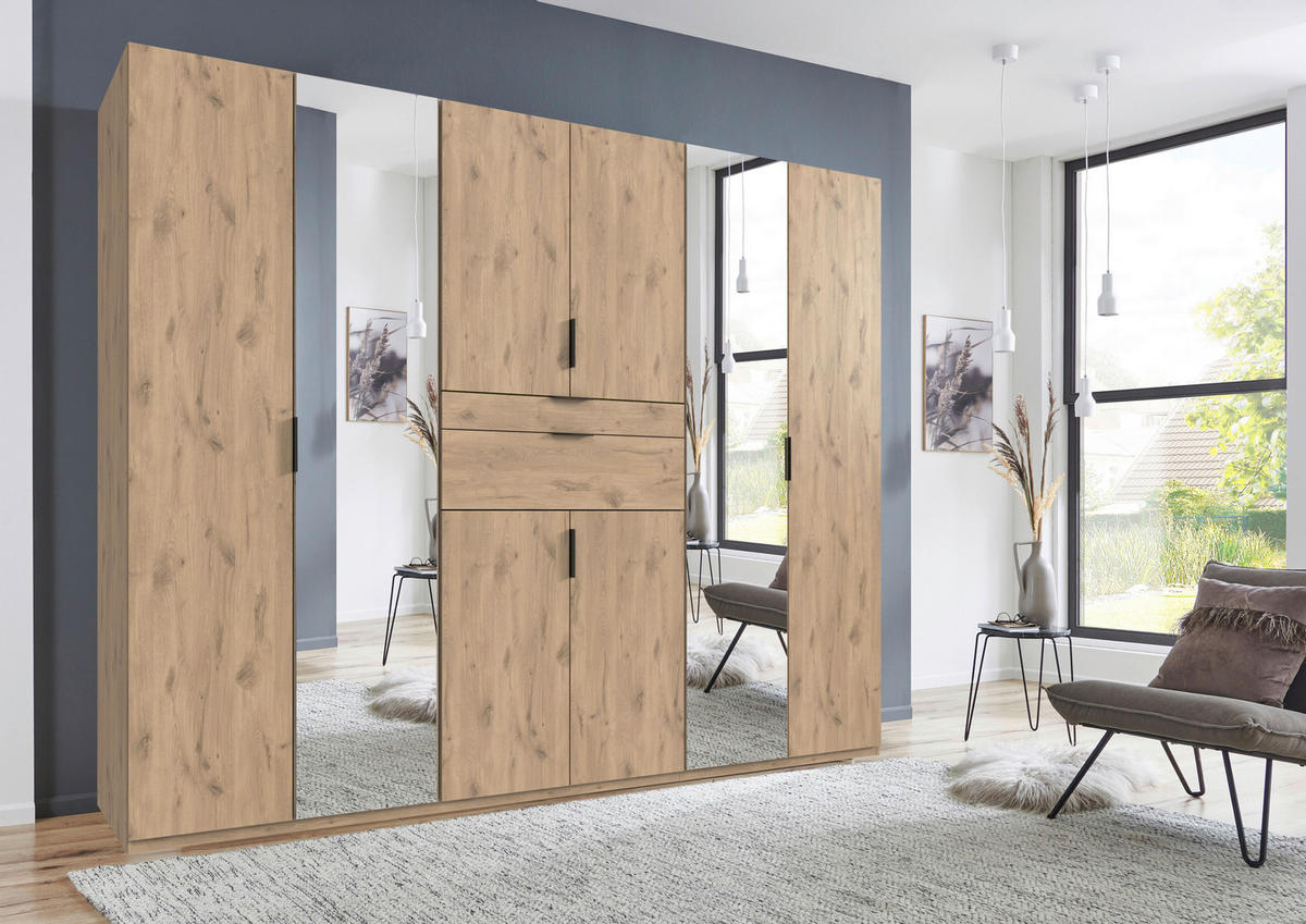 KLEIDERSCHRANK in Eichefarben  - Eichefarben/Schwarz, Modern, Glas/Holzwerkstoff (270/210/58cm) - Boxxx