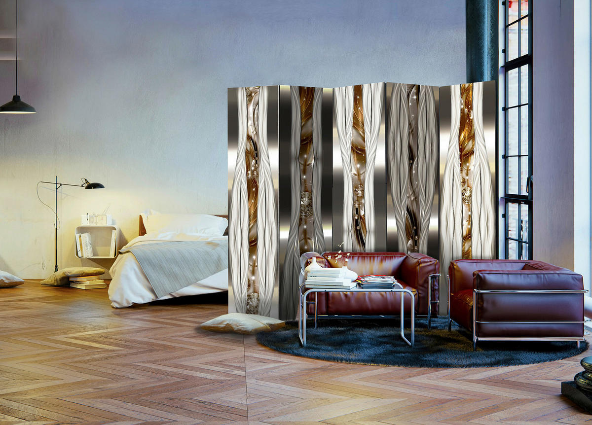 PARAVENT mit 5  Flügel - Cognac/Beige, Basics, Holz/Textil (225/172/3cm) - artgeist