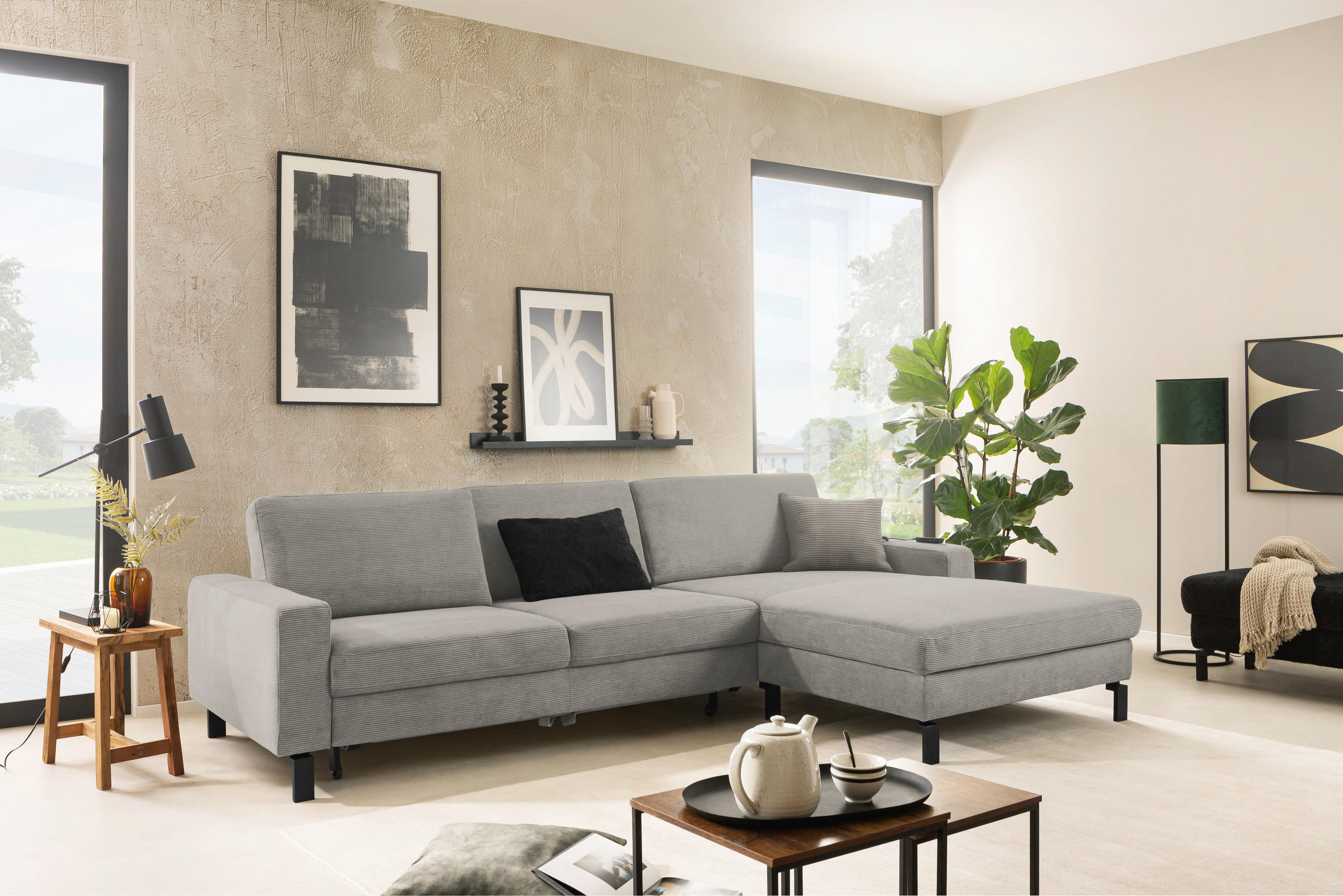 ECKSOFA inkl. Funktion Sandfarben Cord  - Sandfarben/Schwarz, Design, Textil/Metall (298/185-209cm) - Pure Home Lifestyle