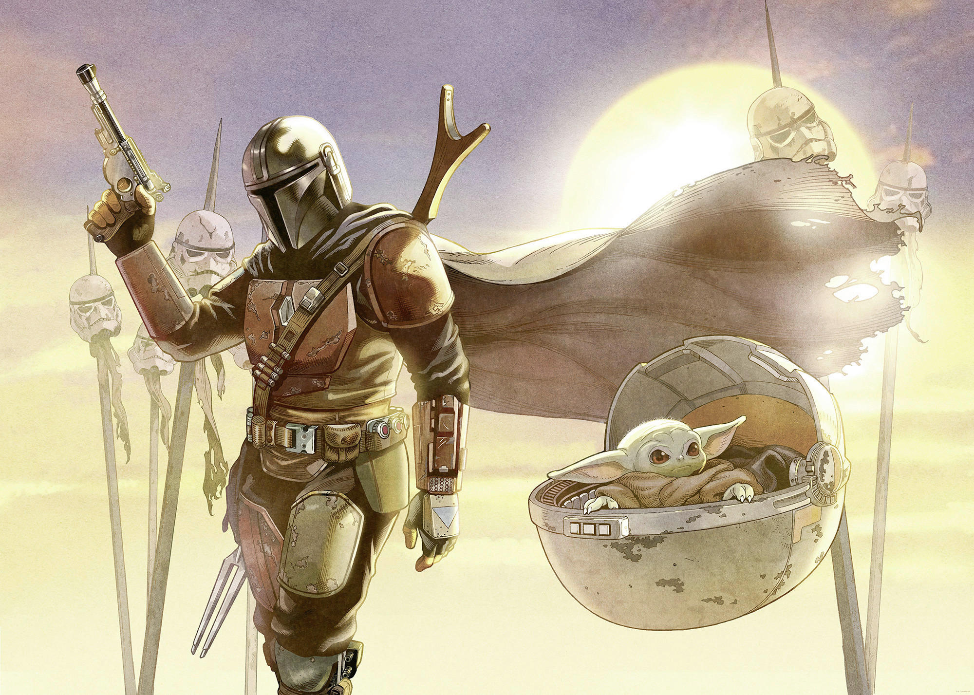 FOTOTAPETE THE MANDALORIAN AND GROGU  - Gelb, Design, Textil (350/250cm) - Star Wars