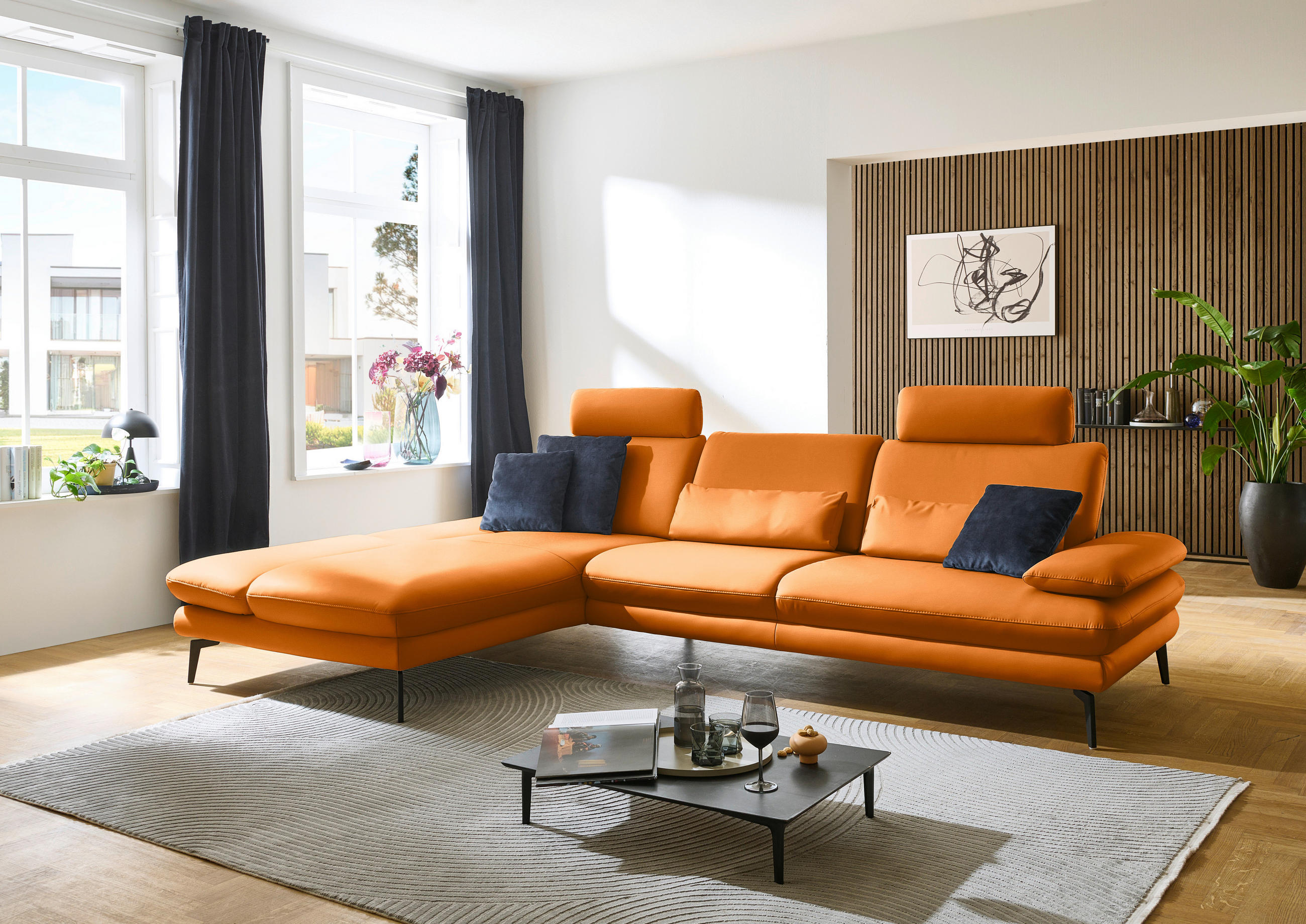 ECKSOFA in Echtleder Orange  195/308 cm  - Schwarz/Orange, Design, Leder/Metall (195/308cm) - Dieter Knoll