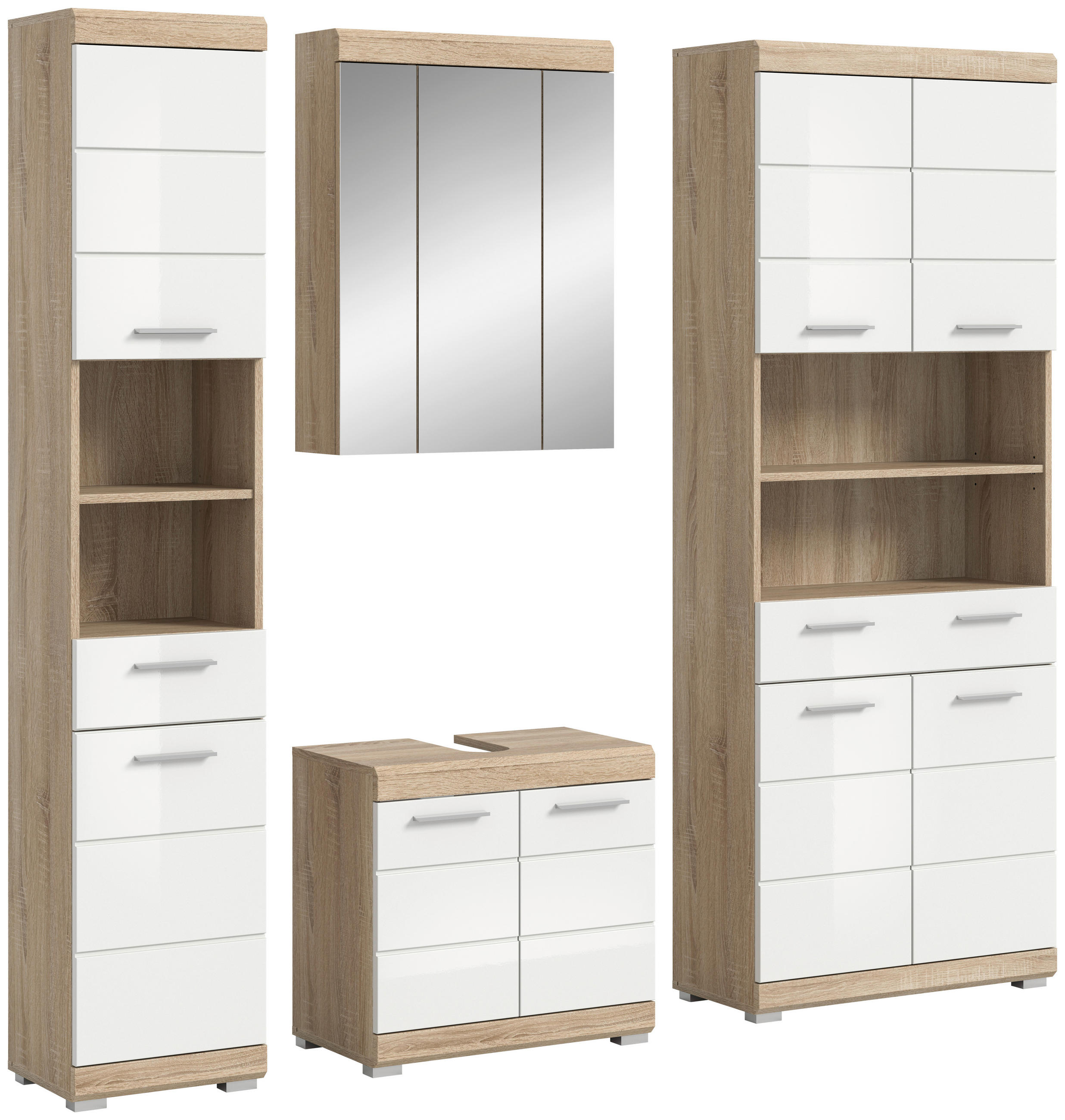 BADEZIMMER 4-teilig  in 165 cm  - Weiß Hochglanz/Silberfarben, MODERN, Glas/Holzwerkstoff (165cm) - MID.YOU