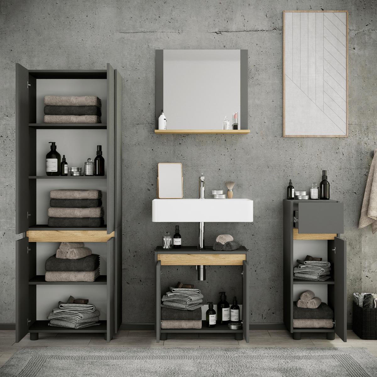 BADEZIMMER 4-teilig  in 154 cm  - Honigeiche/Anthrazit, Trend, Holzwerkstoff/Kunststoff (154cm) - MID.YOU