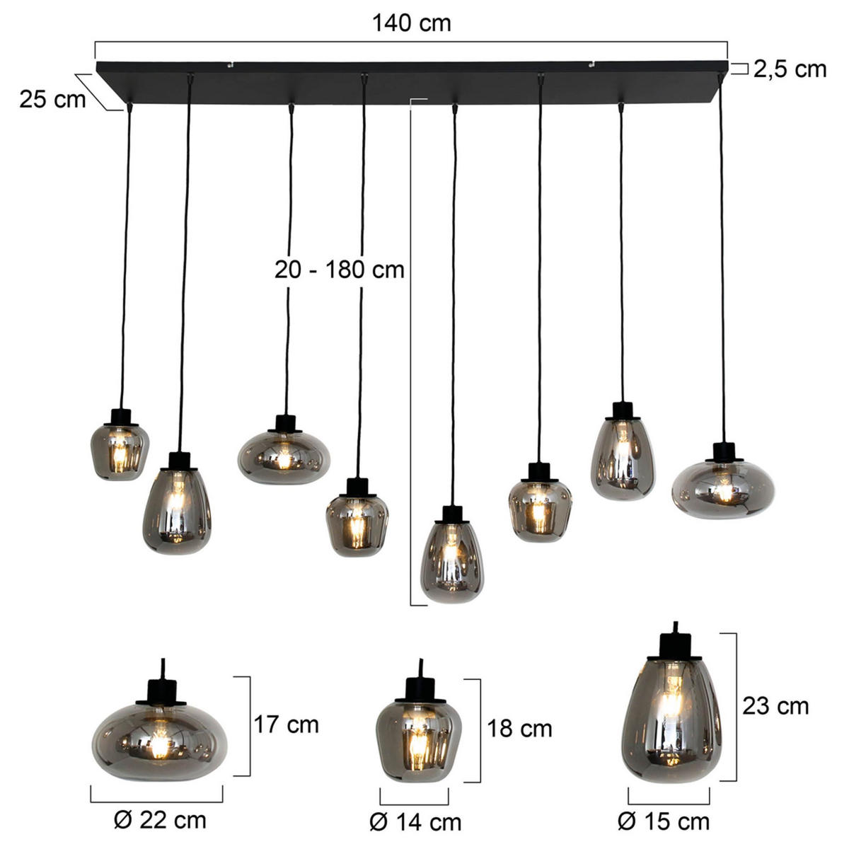 PENDELLEUCHTE  30/20-180/145 cm   - Schwarz, Trend, Glas/Metall (30/20-180/145cm)