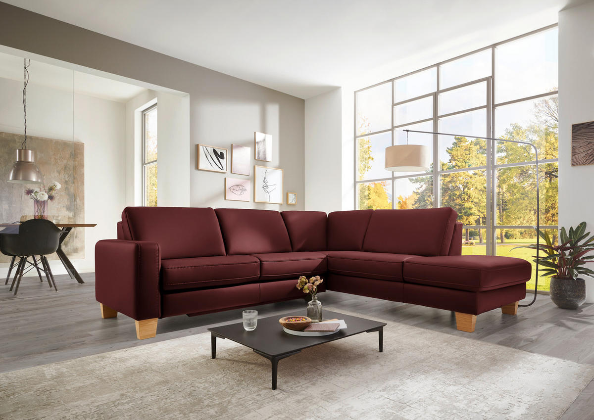 ECKSOFA in Echtleder Brombeere  - Eiche Bianco/Brombeere, Konventionell, Leder/Holz (257/235cm) - Valdera