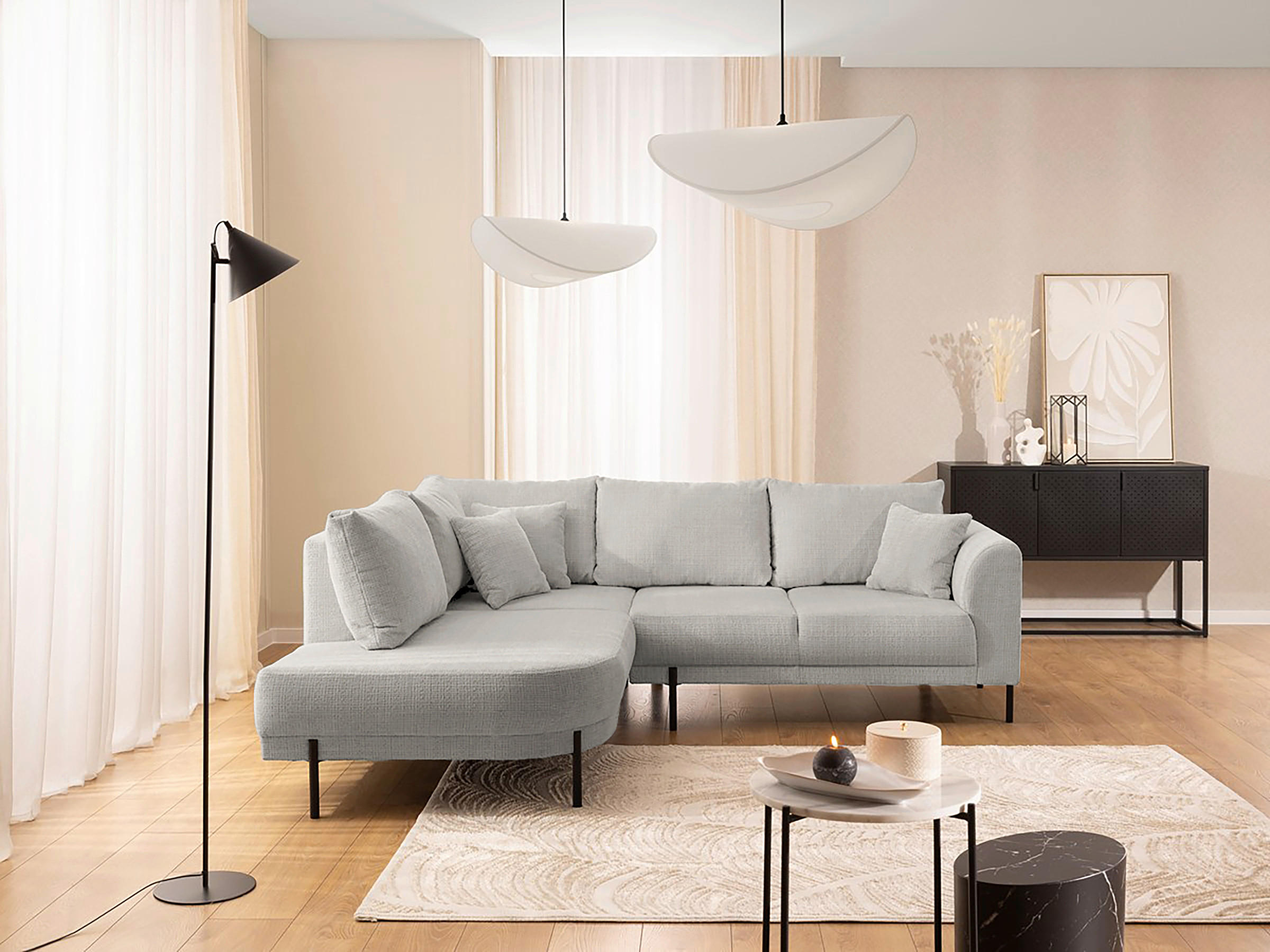 ECKSOFA Mauris in Chenille Hellgrau Rückenkissen  200/233 cm  - Hellgrau/Schwarz, Design, Kunststoff/Textil (200/233cm) - Livetastic