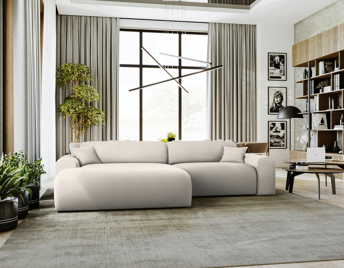 ECKSOFA in Velours, Feincord Ecru  178/292 cm  - Ecru/Schwarz, Design, Kunststoff/Textil (178/292cm) - home24