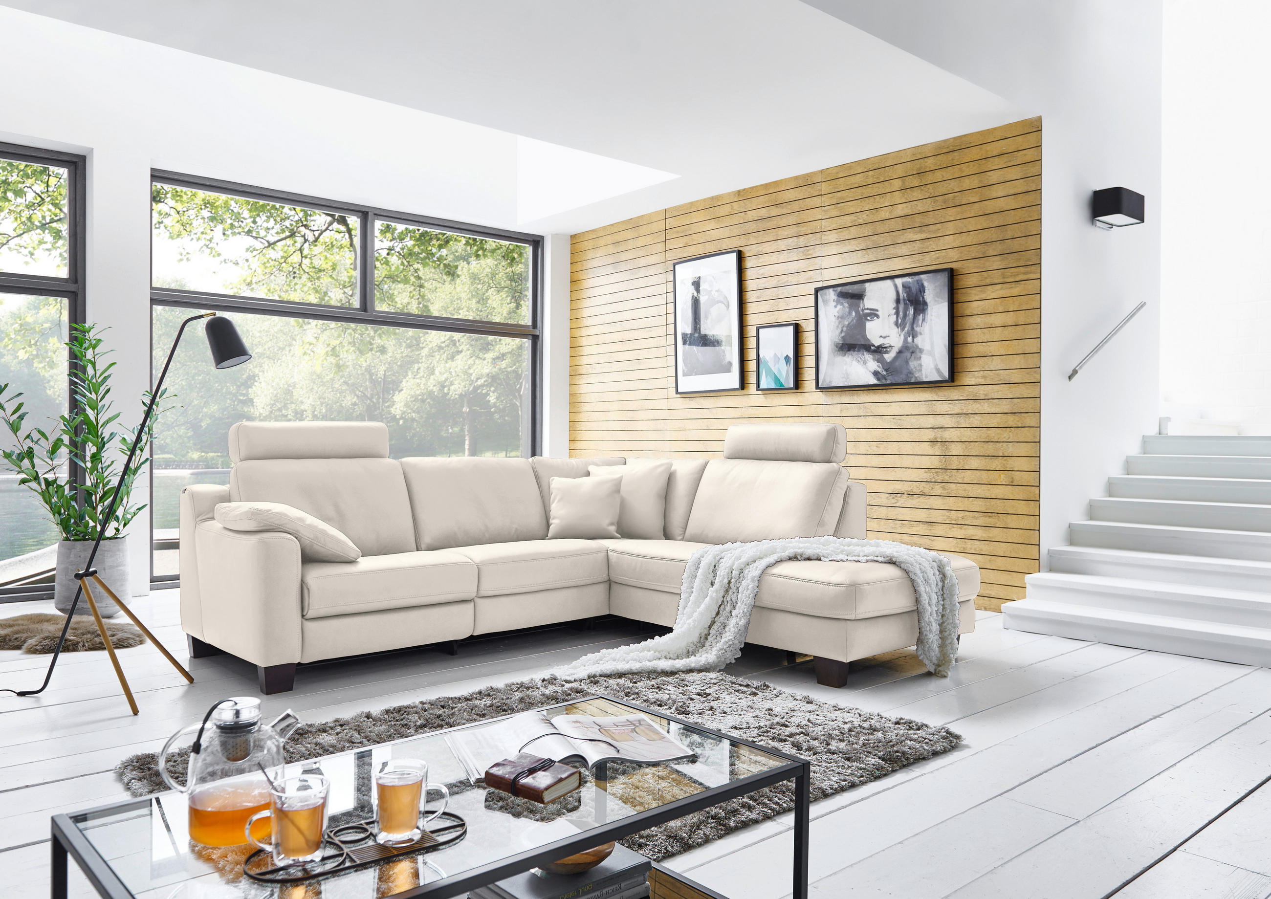 ECKSOFA in Echtleder Creme  - Eichefarben/Creme, Design, Leder/Holz (259/235cm) - Valdera