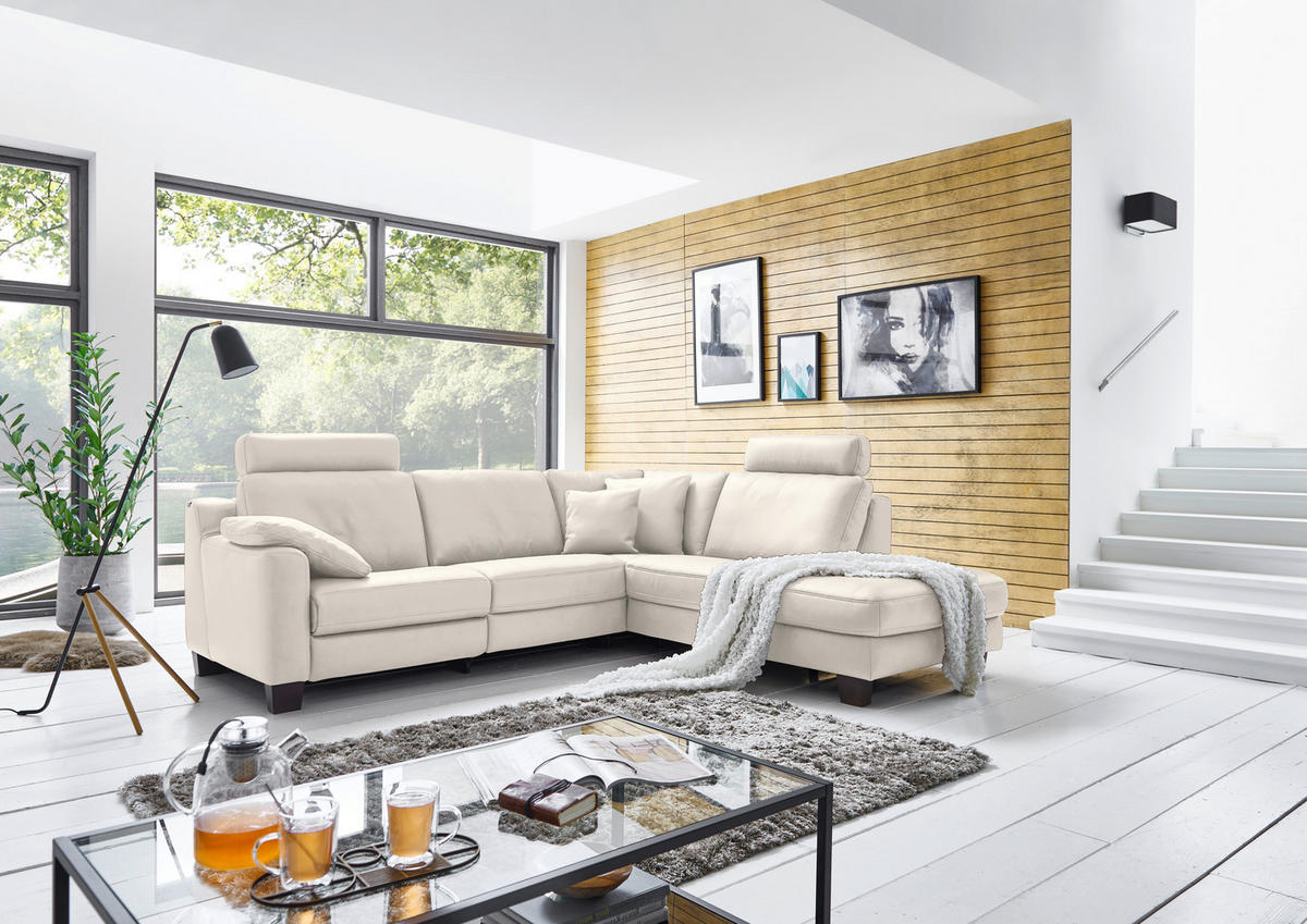 ECKSOFA in Echtleder Creme  - Eichefarben/Creme, Design, Leder/Holz (259/235cm) - Valdera