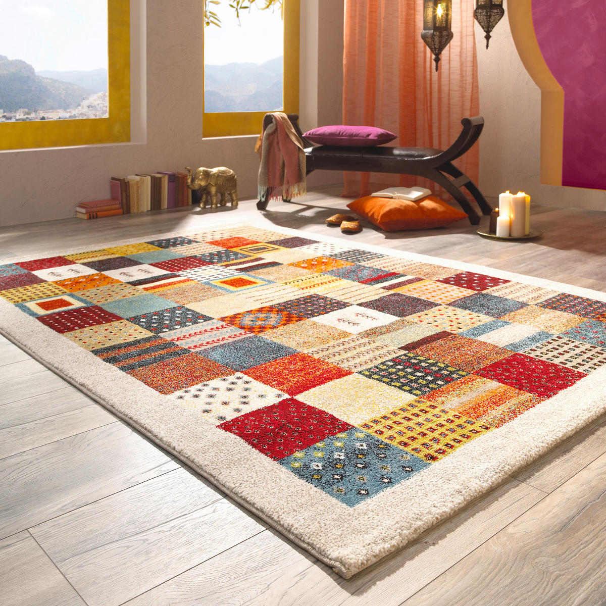 Webteppich (bunt) im Patchwork-Design kaufen