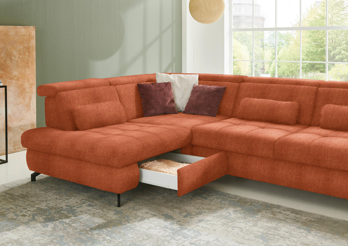 ECKSOFA in Chenille Terracotta  - Terracotta/Schwarz, Design, Textil/Metall (220/310cm) - Beldomo Style