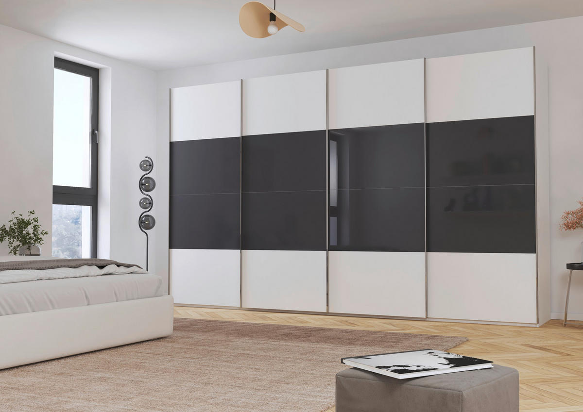 SCHWEBETÜRENSCHRANK 361/223/68 cm 4-türig Schwarz, Weiß  - Chromfarben/Schwarz, KONVENTIONELL, Glas/Holzwerkstoff (361/223/68cm) - Novel