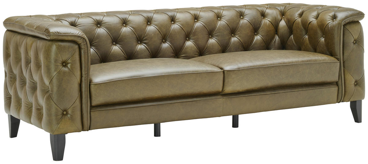 CHESTERFIELD-SOFA  in Echtleder Grün  - Schwarz/Grün, LIFESTYLE, Leder/Holz (220/77/91cm) - Ambia Home