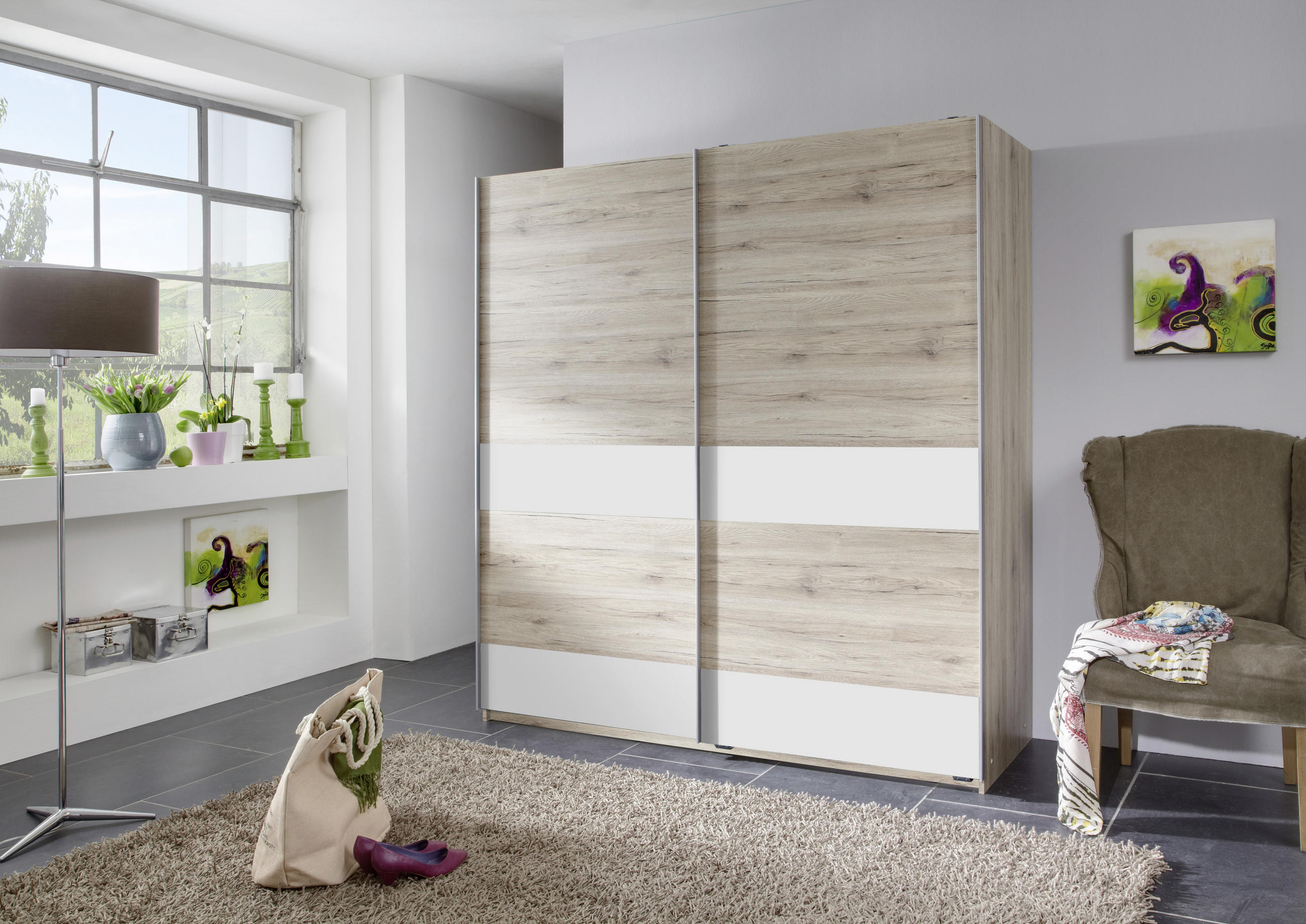 SCHWEBETÜRENSCHRANK 180/198/64 cm 2-türig Weiß, Eichefarben  - Eichefarben/Silberfarben, Design, Holzwerkstoff/Metall (180/198/64cm) - MID.YOU