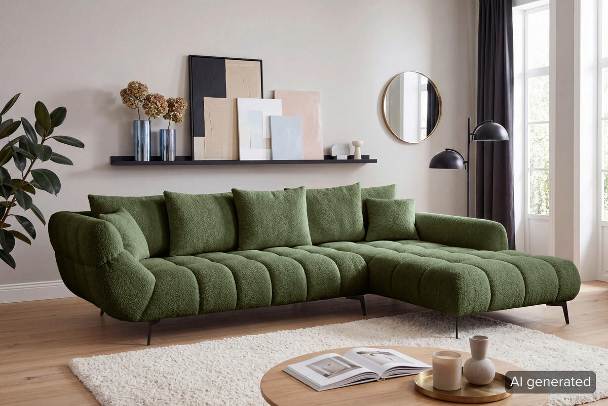 ECKSOFA 318/217 cm  in Bouclé Grün Zierkissen, Rückenkissen, Rücken echt  318/217 cm  - Schwarz/Grün, MODERN, Textil/Metall (318/217cm) - Carryhome