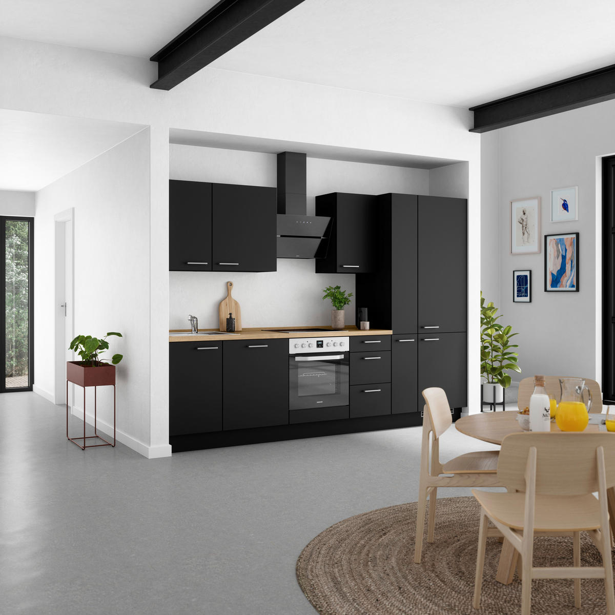 KÜCHENLEERBLOCK 300 cm   in Schwarz, Eichefarben  - Edelstahlfarben/Eichefarben, MODERN, Holzwerkstoff/Metall (300cm) - Nobilia