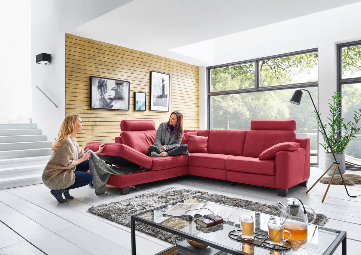 ECKSOFA in Echtleder Rot  - Eichefarben/Rot, Design, Leder/Holz (235/259cm) - Valdera