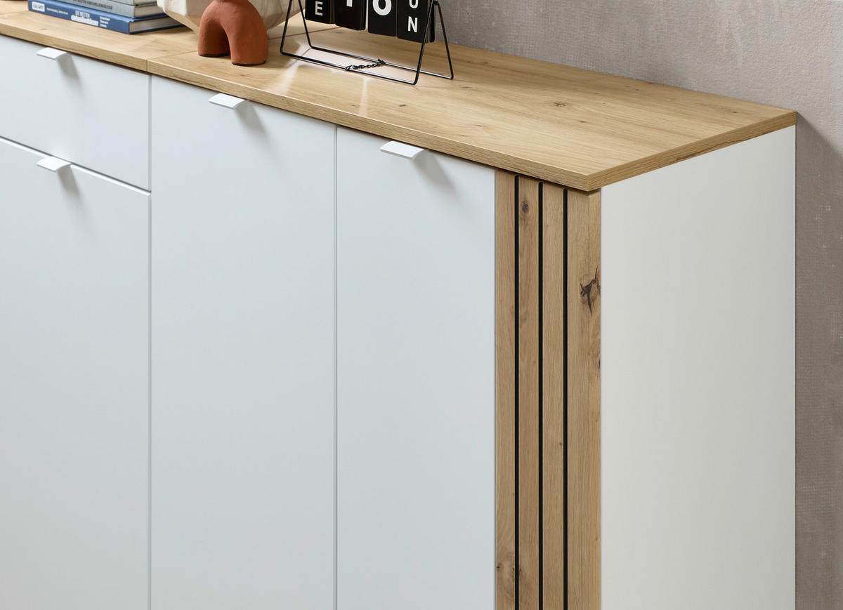 SCHREIBTISCH 150/77/73 cm Weiß, Eiche Artisan Kabeldurchlass, Stauraum  - Weiß/Eiche Artisan, KONVENTIONELL, Holzwerkstoff/Metall (150/77/73cm) - Voleo