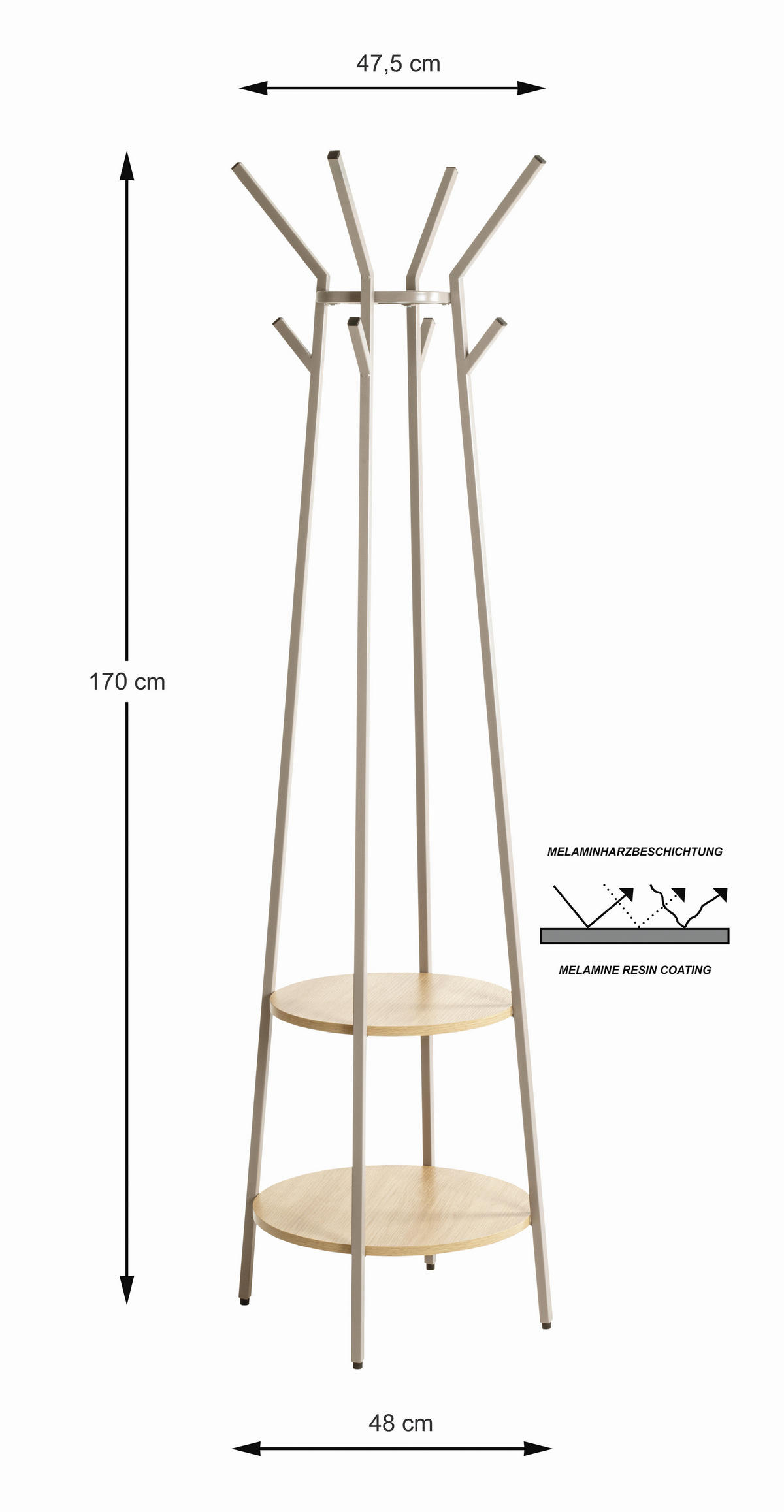 GARDEROBENSTÄNDER in Eichefarben, Kaschmir 48/170/48 cm   - Kaschmir/Eichefarben, Design, Holz/Metall (48/170/48cm)