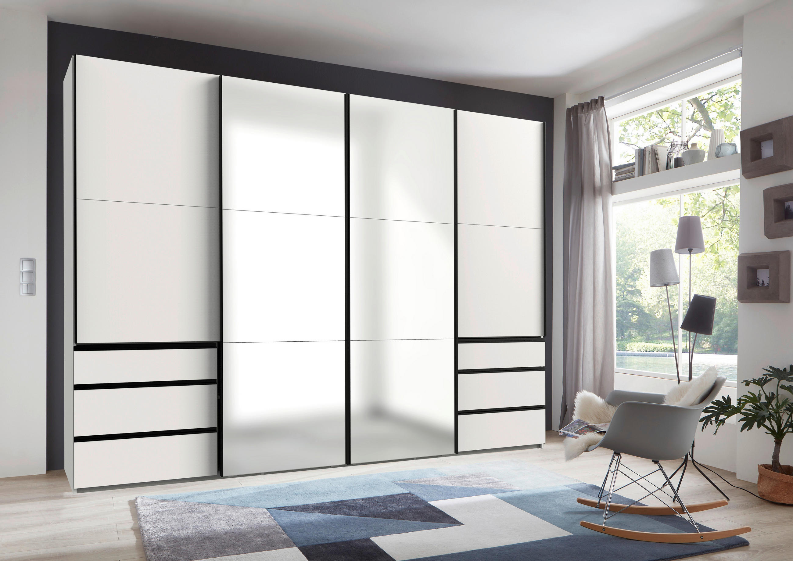 SCHWEBETÜRENSCHRANK 300/216/65 cm 4-türig Weiß  - Schwarz/Weiß, MODERN, Glas/Holzwerkstoff (300/216/65cm) - MID.YOU