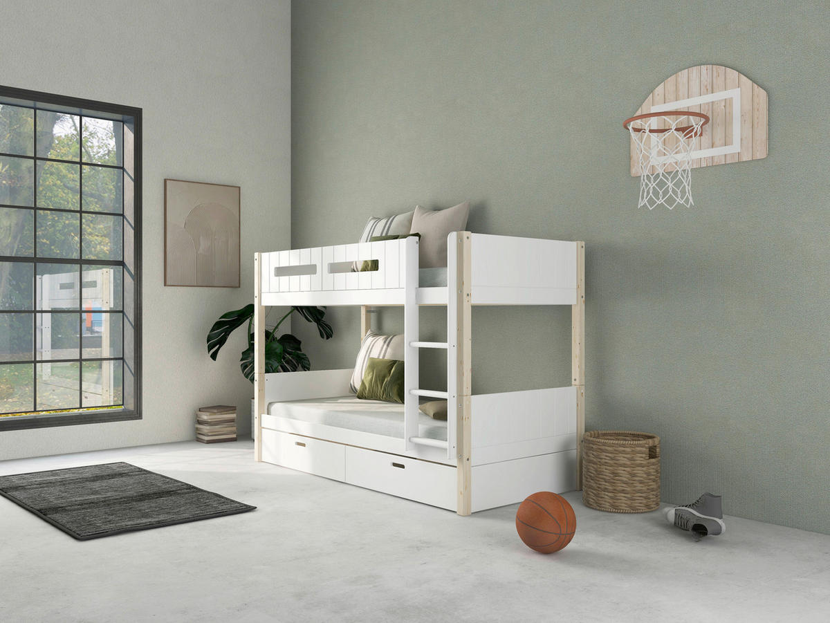 ETAGENBETT 90/200 cm,  in Absturzsicherung, Leiter, Rollroste, Bettschublade  - Naturfarben/Weiß, MODERN, Holz (90/200cm) - Chameo