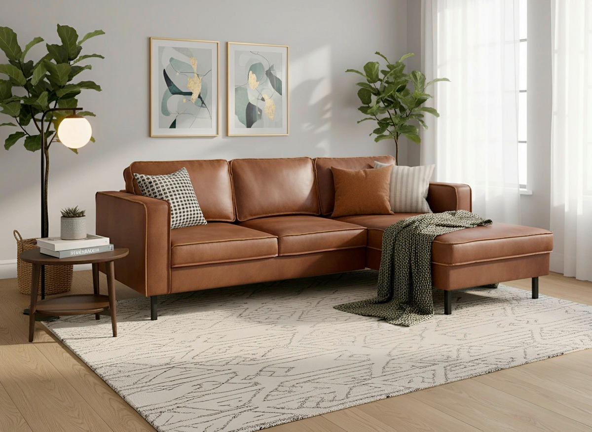 ECKSOFA Lederlook, Mikrofaser Echtleder Cognac  - Cognac/Schwarz, Modern, Leder/Textil (232/161cm) - Trendmanufaktur