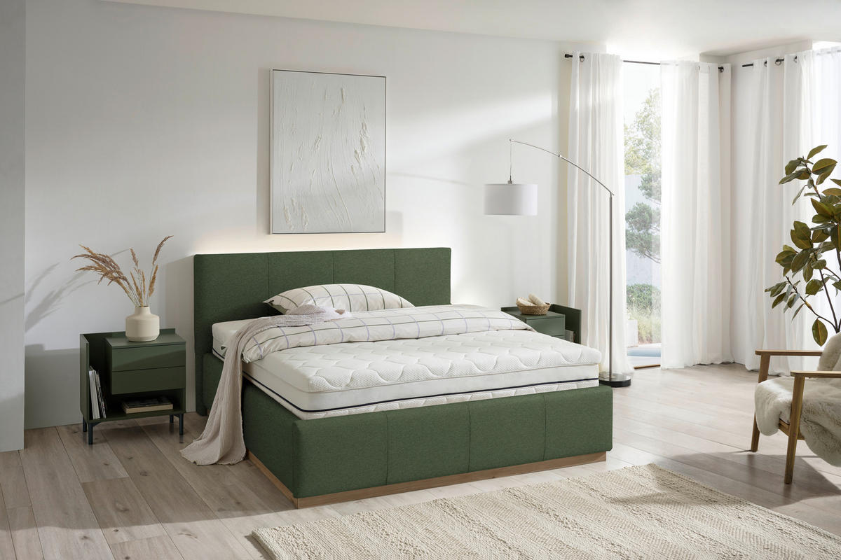 POLSTERBETT Beleuchtung, Lattenrost, Bettkasten Grün 160/200 cm  - Birkefarben/Hickory, Design, Holz/Holzwerkstoff (160/200cm) - Lomoco