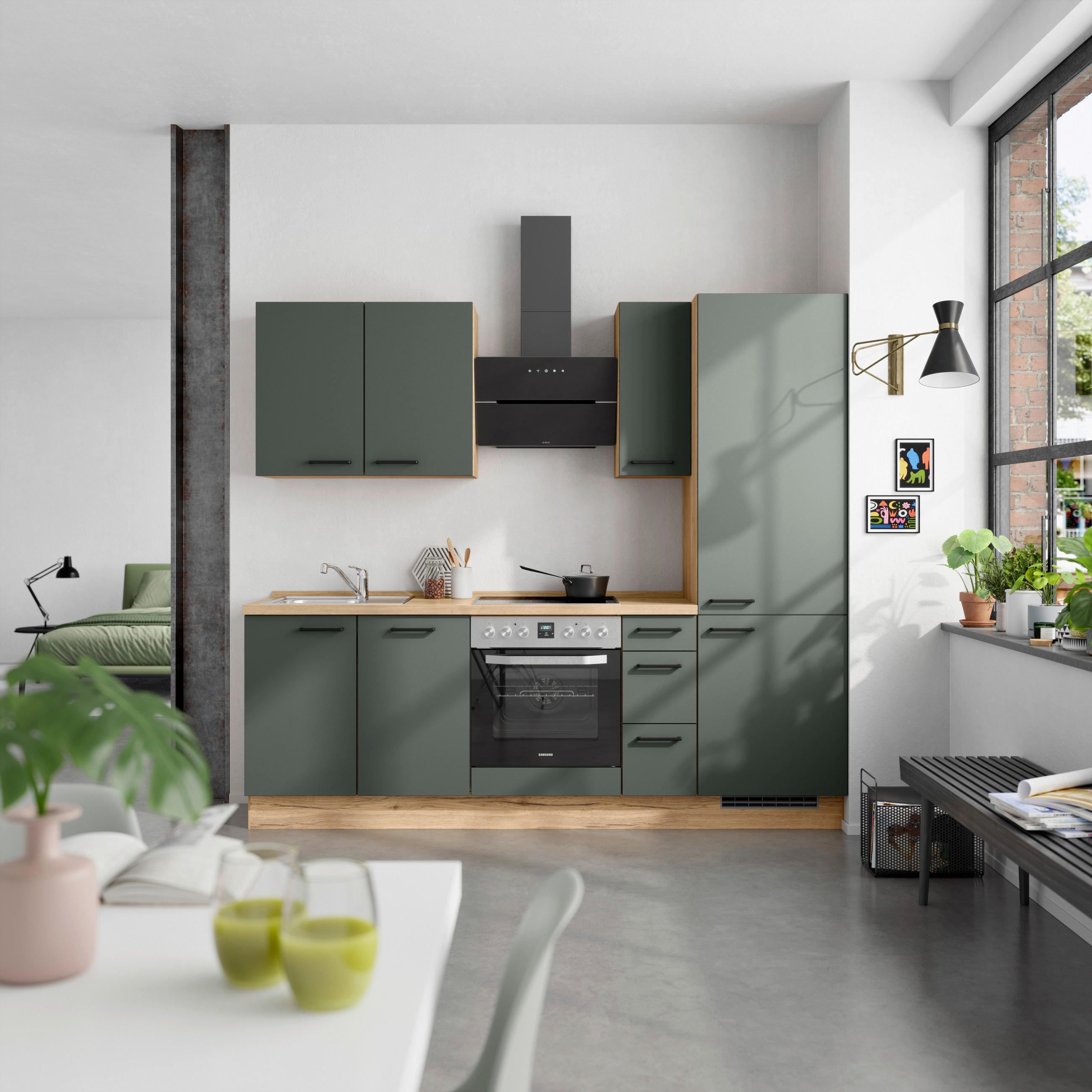 KÜCHENBLOCK 240 cm   in Eichefarben, Dunkelgrün  - Dunkelgrün/Eichefarben, MODERN, Holzwerkstoff/Metall (240cm) - Nobilia