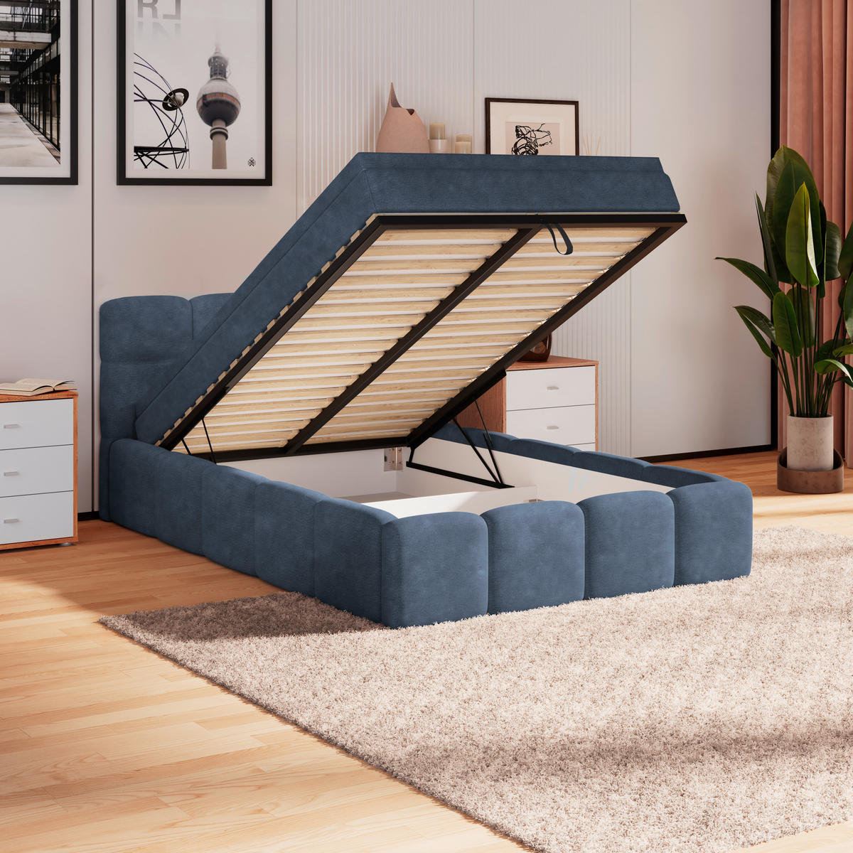 POLSTERBETT 140/200 cm,  in Blau, Matratze, Bettkasten, H3 = fest  - Blau/Schwarz, Trend, Kunststoff/Textil (140/200cm)