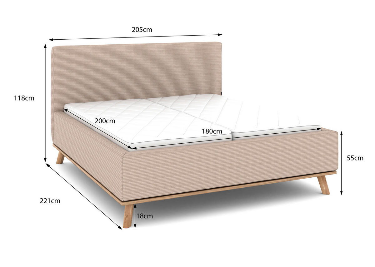 POLSTERBETT Matratze, Lattenrost, Bettkasten 180/200 cm  in Taupe  - Taupe/Eichefarben, Design, Holz/Textil (180/200cm) - Musterring