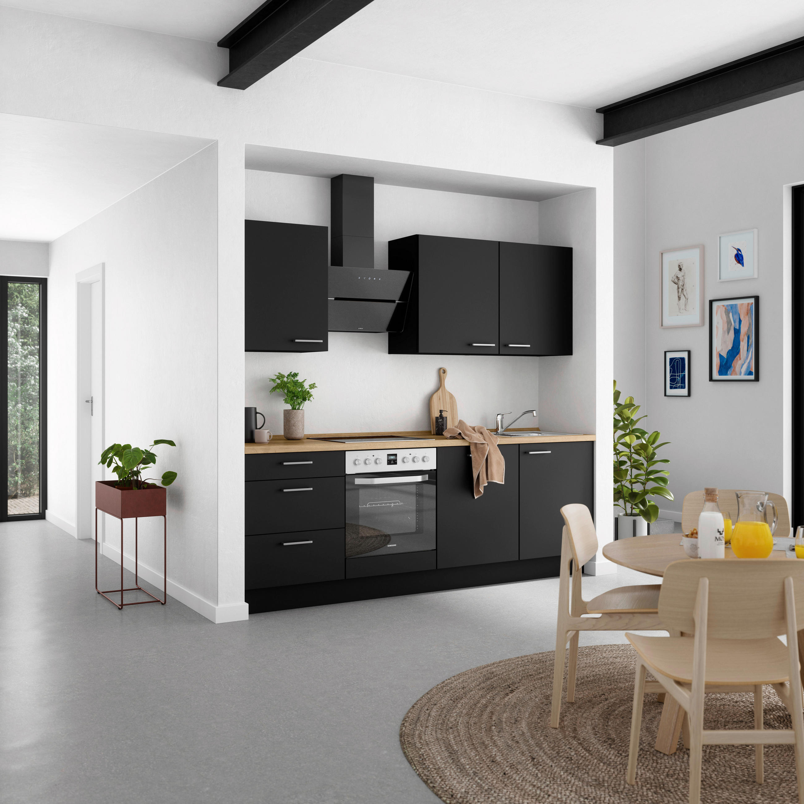 KÜCHENLEERBLOCK 240 cm   in Schwarz, Eichefarben  - Edelstahlfarben/Eichefarben, MODERN, Holzwerkstoff/Metall (240cm) - Nobilia