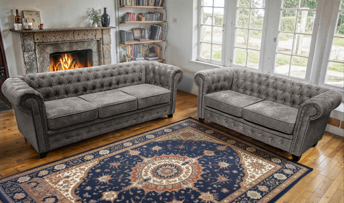 CHESTERFIELD-SOFA CHESTERFIELD Flachgewebe Grau  - Schwarz/Grau, KONVENTIONELL, Holz/Textil (182/72/92cm) - Livetastic
