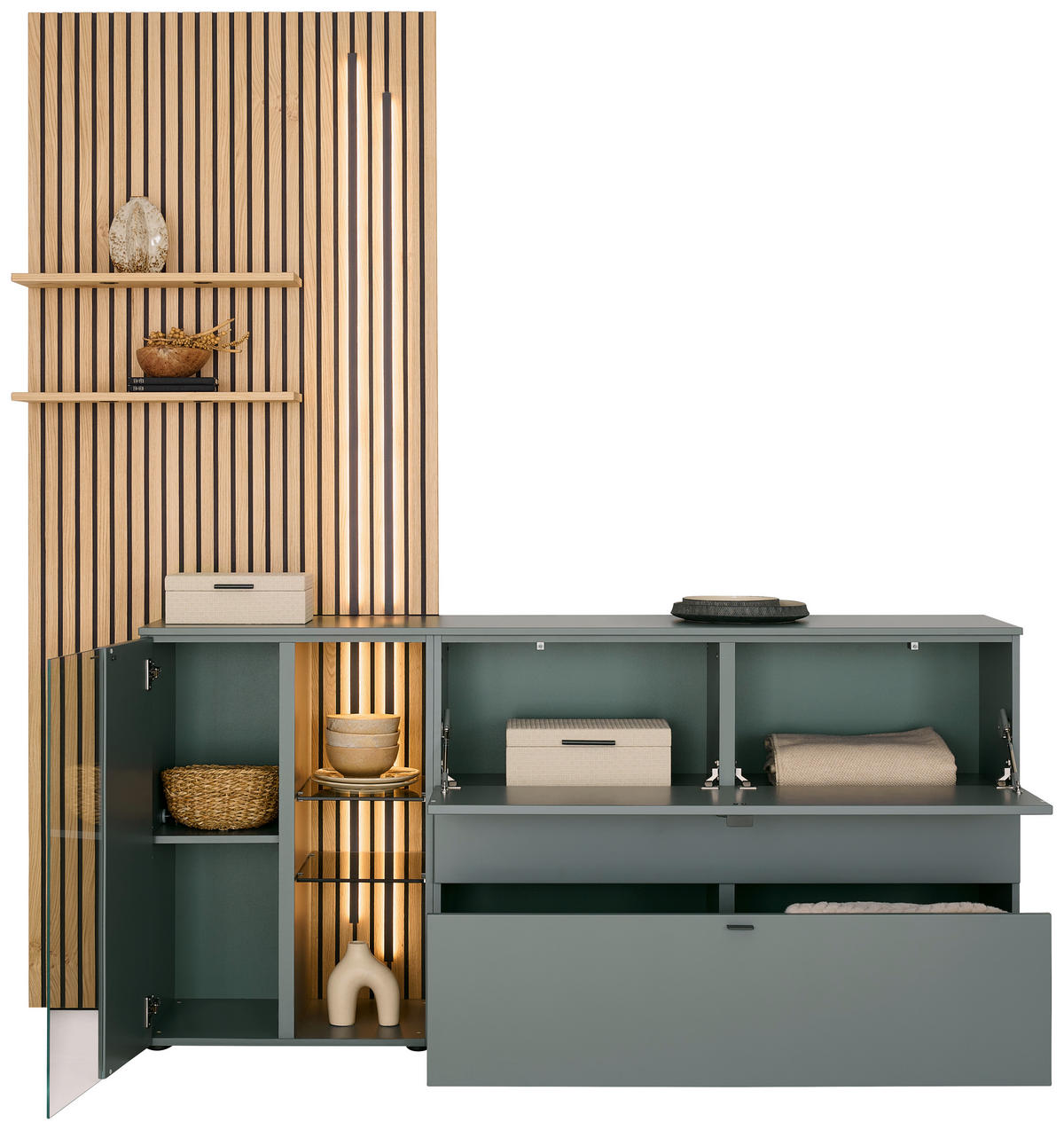 SIDEBOARD Grün, Eichefarben  210/224/43 cm  - Eichefarben/Anthrazit, Design, Glas/Holz (210/224/43cm) - Venjakob