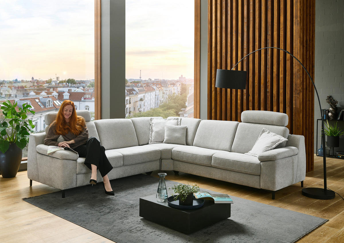 ECKSOFA in Chenille Hellgrau  - Hellgrau/Schwarz, Design, Textil/Metall (278/278cm) - Valdera