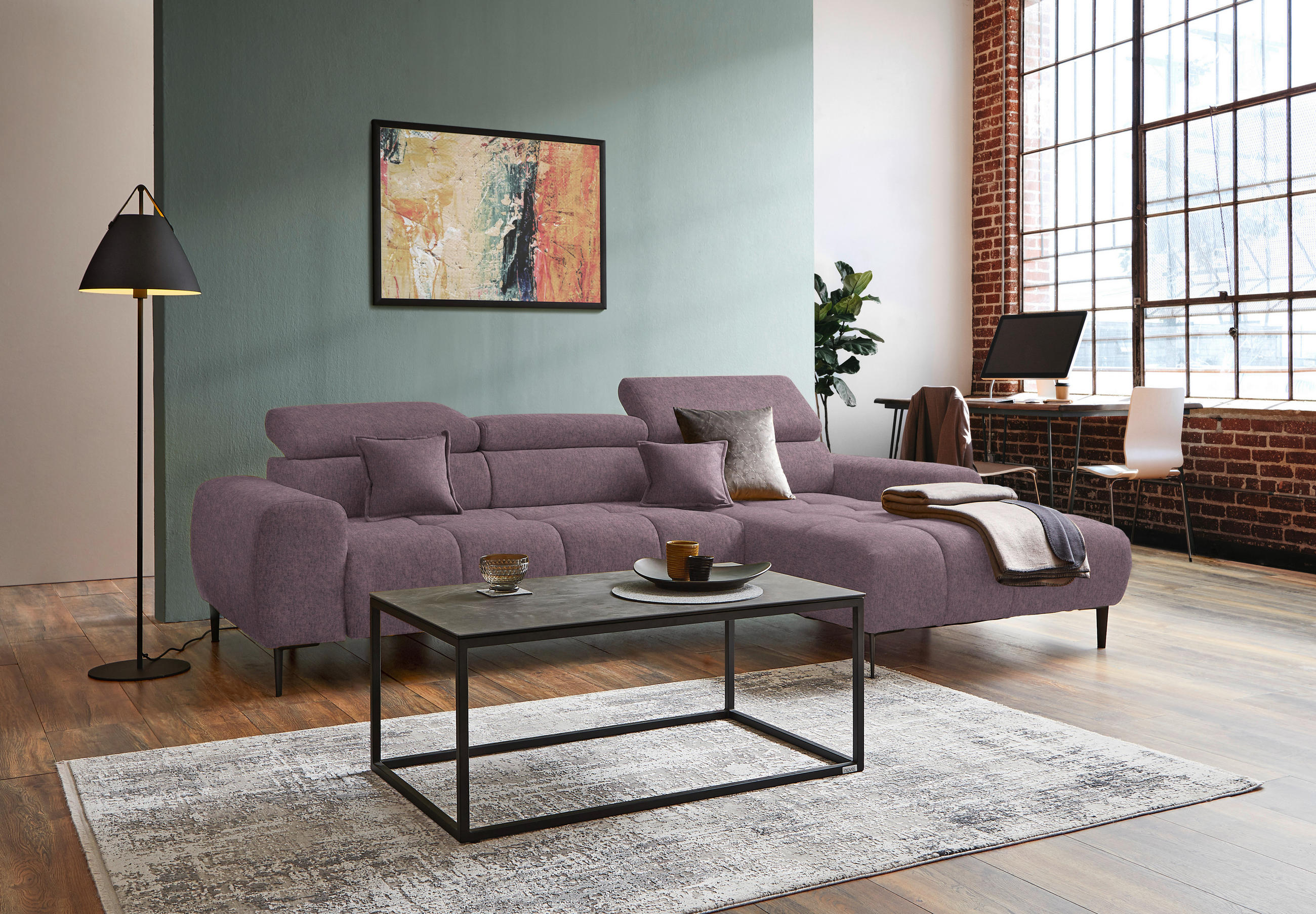 ECKSOFA in Samt, Webstoff Flieder  - Flieder/Schwarz, Design, Textil/Metall (270/177cm) - Welnova