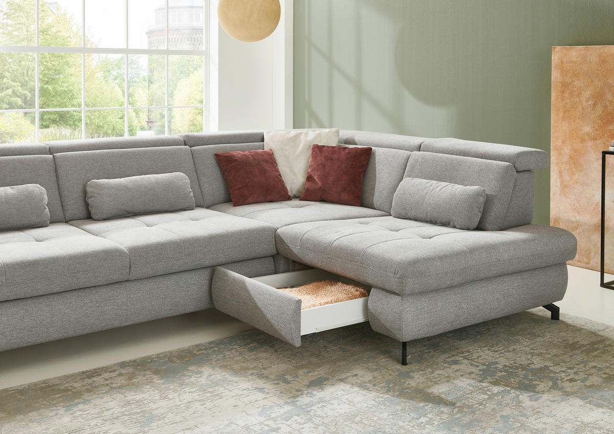 ECKSOFA in Chenille Ecru  - Ecru/Schwarz, Design, Textil/Metall (220/310cm) - Beldomo Style