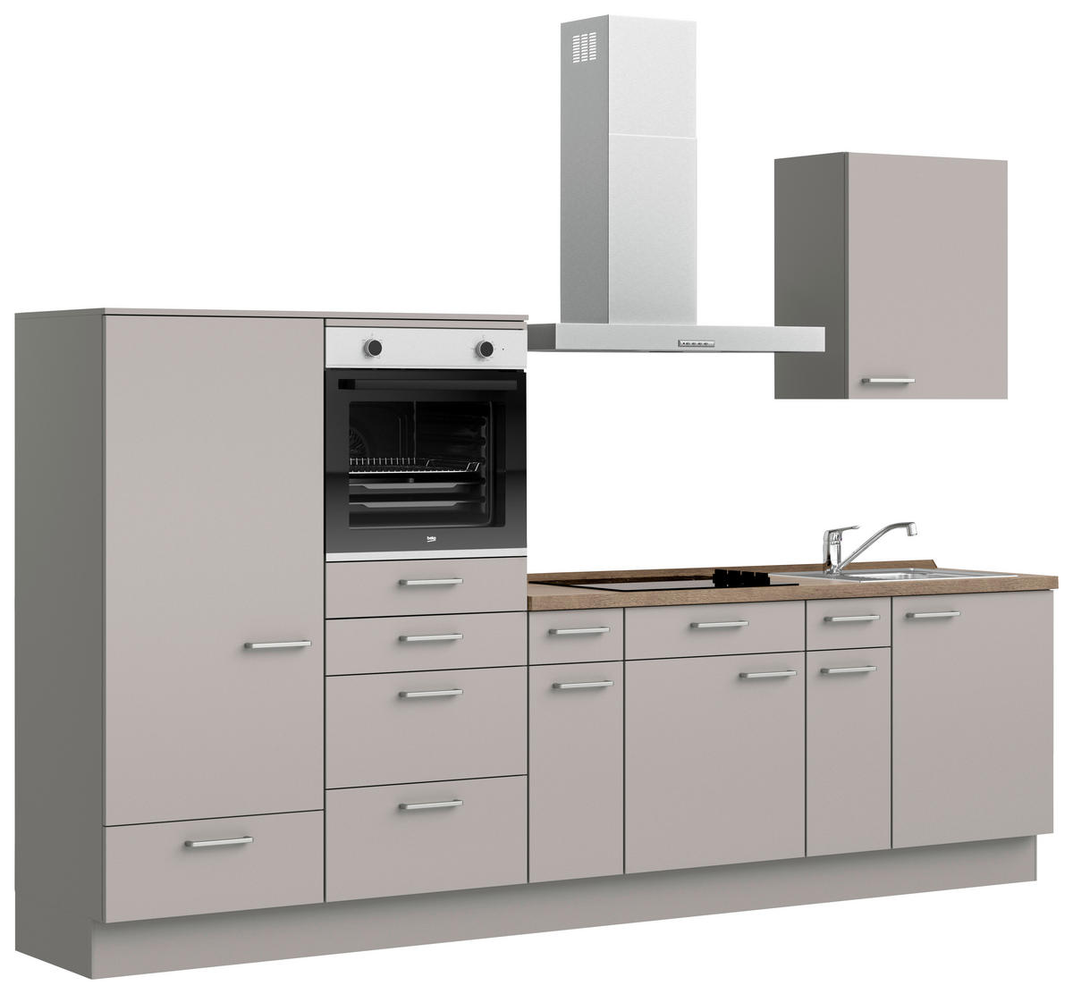 KÜCHENBLOCK Touch 300 cm  in Eiche dunkel, Grau  - Eiche dunkel/Edelstahlfarben, MODERN, Holzwerkstoff/Metall (300cm) - Nobilia