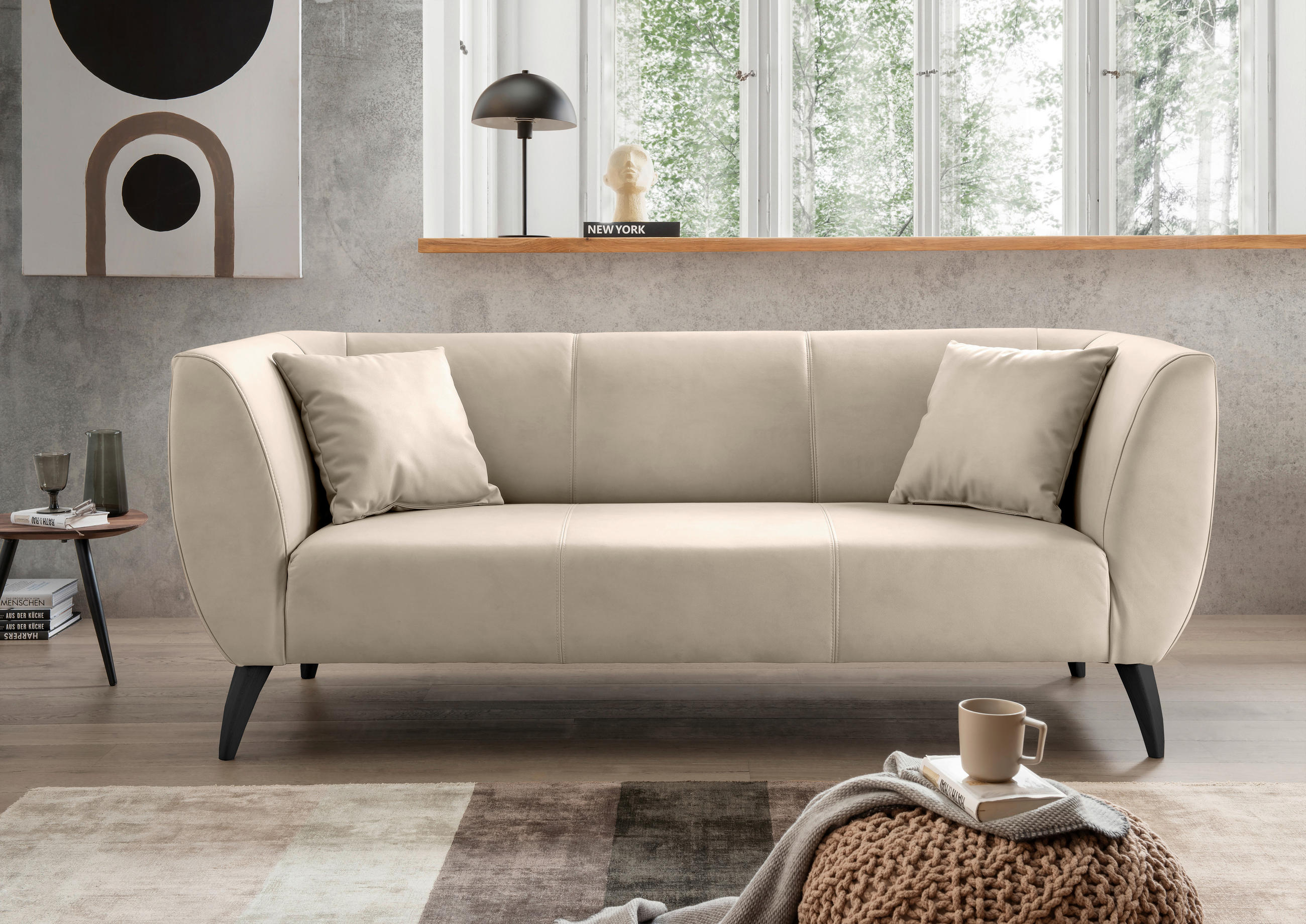 3-SITZER-SOFA in Lederlook Beige - Beige/Schwarz, Modern, Holz/Textil (208/83/88cm) - Livetastic